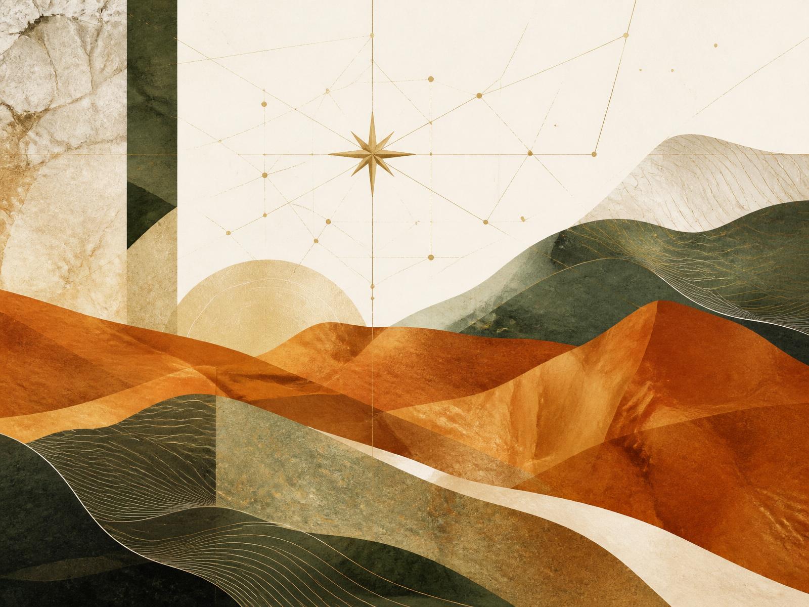 Editorial desert landscape blended with an intelligent network of connected points and an eight-point north star