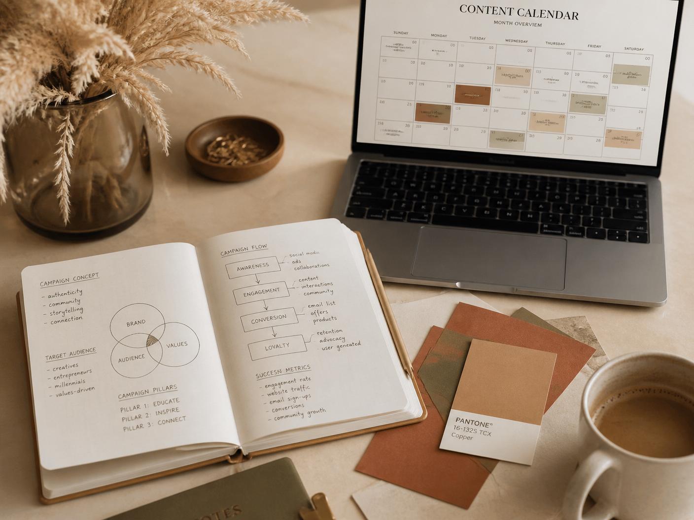 A marketing strategist's desk with a hand-sketched campaign plan, content calendar, and terracotta and olive color swatches